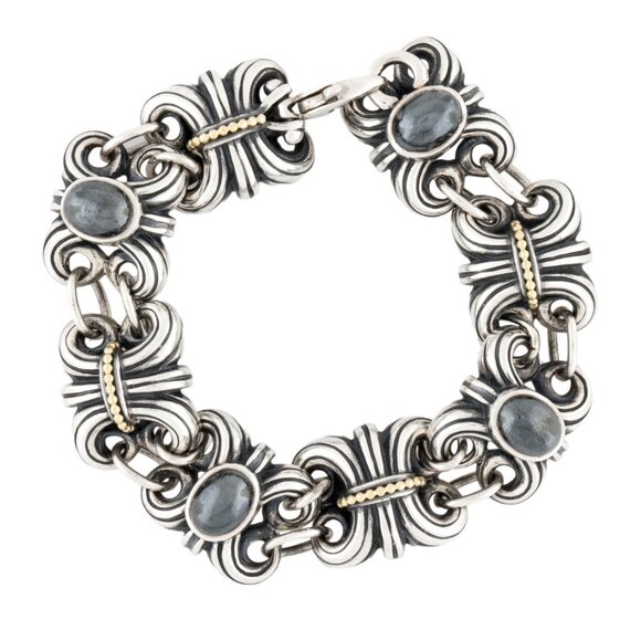 LAGOS STERLING SILVER & 18K YELLOW GOLD HEMATITE FLEUR DE LIS LINK BRACELET - Picture 3 of 10